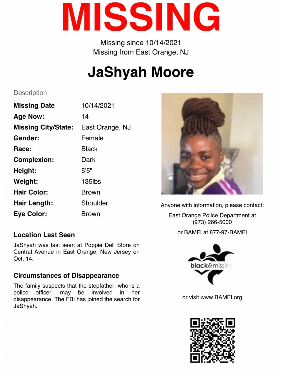 ReecieColbert's tweet photo. It's unconscionable that a 14 yo girl can just vanish. Somebody out there knows something about where #JaShyah Moore is. Please help bring her to safety. #JashyahMoore
Anyone who has tips is asked to call the Essex County Prosecutor’s Office at 877-847-7432. #WhereIsJashyah https://t.co/dSpavSUo8O