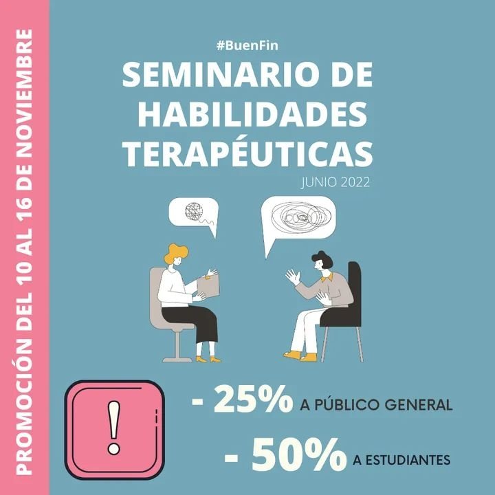 capacpsico's tweet photo. ¡Promoción de buen fin! 🎉🥳
Seminario de Habilidades Terapéuticas, en su versión online 💻. 

⚠️ Si te inscribes en los próximos días recibirás un descuento del 25% (50% si eres estudiante de psicología) en todas las mensualidades del seminario. 

#buenfin #descuentos #Psicologa https://t.co/umRzfXtg89