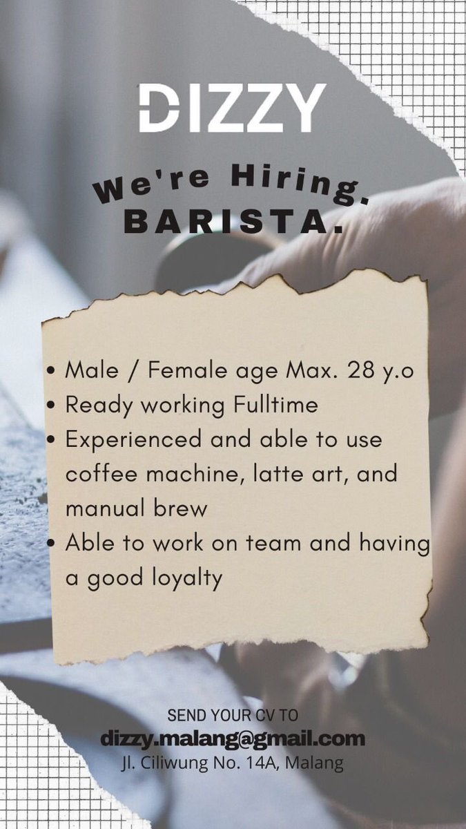 INFO LOKER FULL TIME BARISTA 
📍Kota Malang
