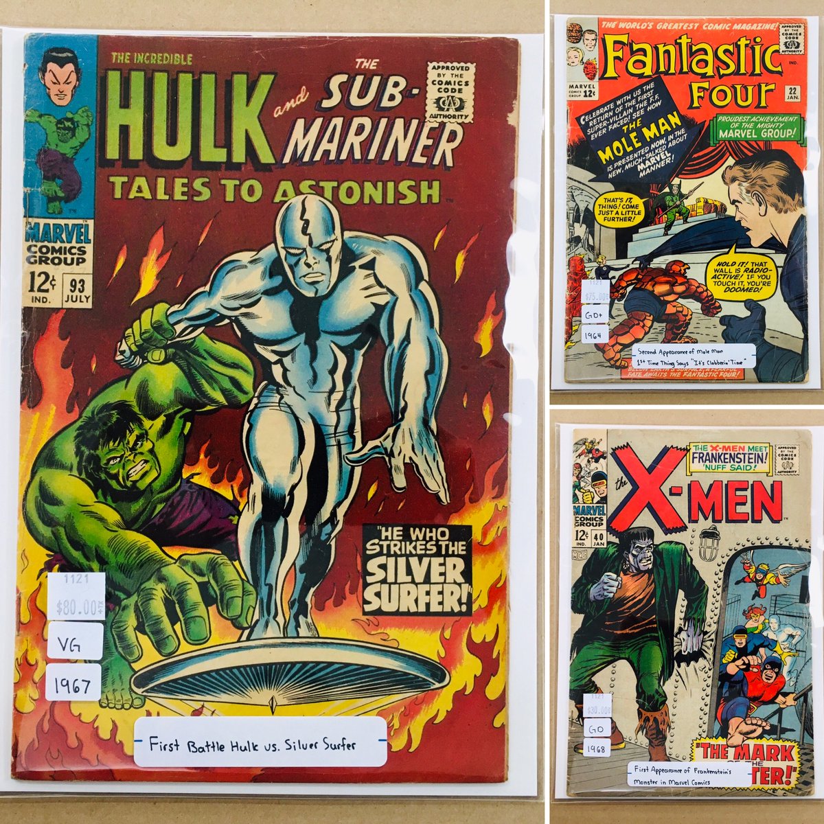 CosmicComicsLV's tweet photo. #SilverAge added to the case
#TalesToAstonish 93. The 1st Battle between #Hulk & #SilverSurfer
#FantasticFour 22. The #SecondAppearance of #MoleMan & the 1st time #Thing says #ItsClobberinTime
#UncannyXmen 40. The #FirstAppearance of #FrankensteinsMonster in #Marvel #Comcis https://t.co/WdWWuMsEdA