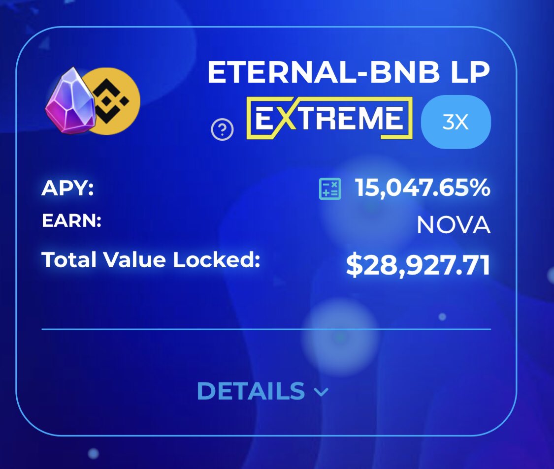 NovaDEX #LegendofNovaria #P2E #DeFi (@earnwithnovadex) on Twitter photo Hey <a href="/CryptoMinesApp/">CryptoMines | Play to Earn</a> 🤙🏽
💎Our 3X boosted $ETERNAL - $BNB farm is currently paying out over 15,000% APY! 🤯
➡️ app.ShibaNova.io/farms
🔜 $ETERNAL - $NOVA (2X boost)
#Cryptotomines #ShibaNova #YieldFarming #DeFi #BSCGem #BSC #PlayToEarn #P2E #NFTs #Meta #100xgem <a href="/BinanceChain/">Binance Chain</a> Hey <a href="/CryptoMinesApp/">CryptoMines | Play to Earn</a> 🤙🏽
💎Our 3X boosted $ETERNAL - $BNB farm is currently paying out over 15,000% APY! 🤯
➡️ app.ShibaNova.io/farms
🔜 $ETERNAL - $NOVA (2X boost)
#Cryptotomines #ShibaNova #YieldFarming #DeFi #BSCGem #BSC #PlayToEarn #P2E #NFTs #Meta #100xgem <a href="/BinanceChain/">Binance Chain</a>