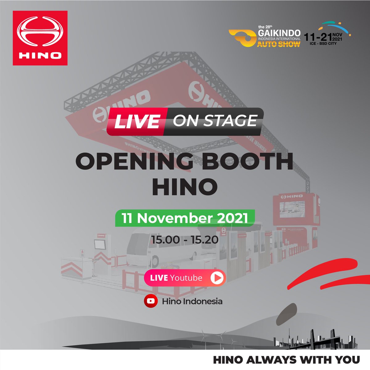 hinoID's tweet photo. Saksikan Opening Booth Hino @giias_id 2021. Live dari Hino official youtube account. Kamis, 11 november 2021, pukul 15:00-15:20. Jangan sampai ketinggalan. #HINOalwayswithYOU #HinoID #HinoIndonesia #HinoTotalSupport #HinoTruckandBus #HinoGIIAS2021 #GIIAS2021 https://t.co/99IawjGOlo