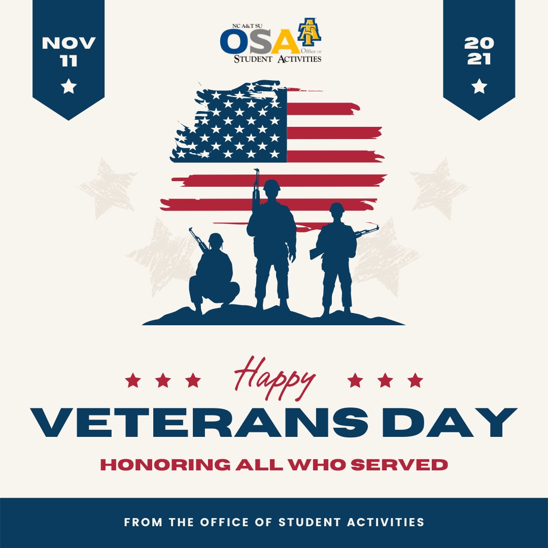 The Office of Student Activities wishes you a Happy Veterans Day and honors those who have served. 🇺🇸 #NCAT #VeteransDay