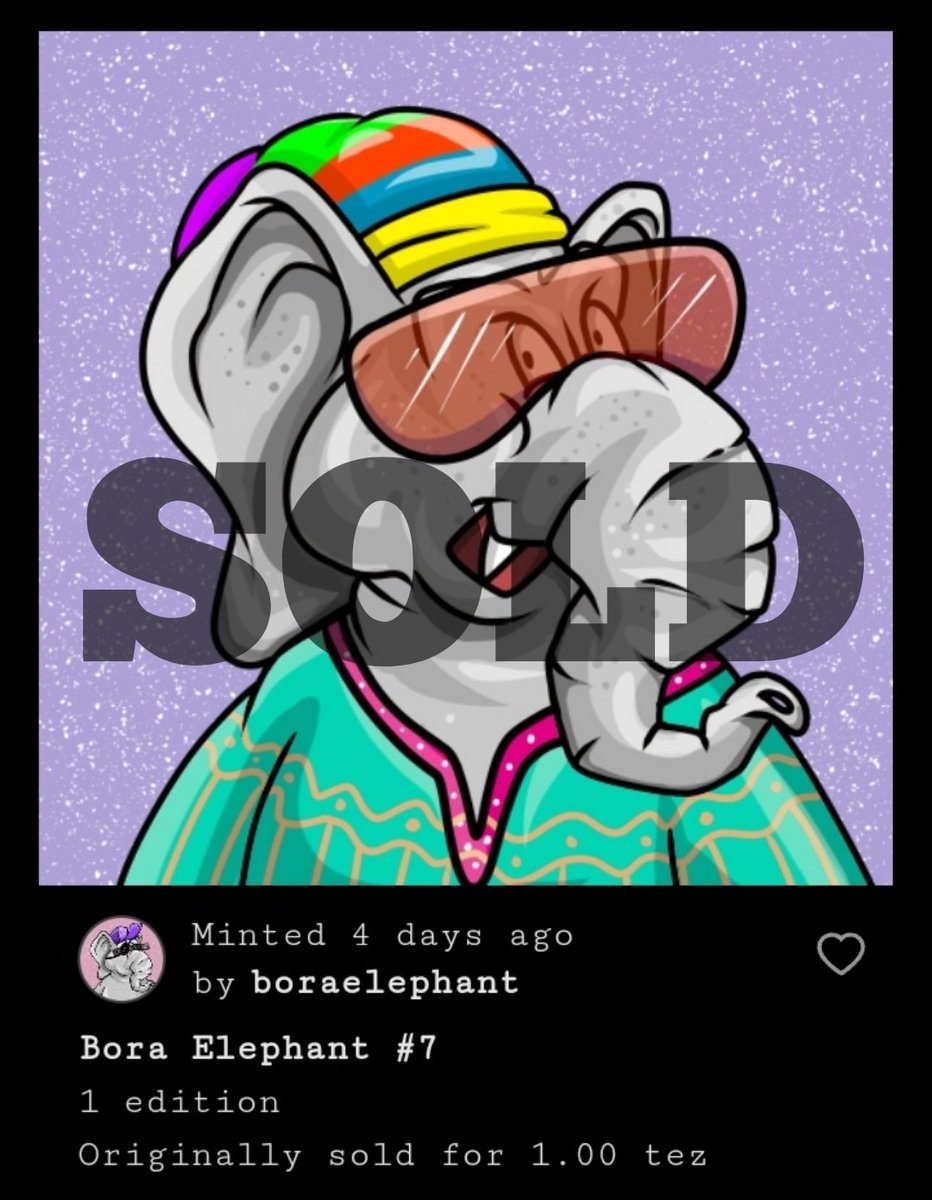 BoraElephantNFT's tweet image. Woohoo!!😍😍
Lucky Number.. #BoraElephant #7
Solddd!!! 
.
Thank You Collector 🐘😍
.
#NFT #NFTCommunity #NFTs #nftcollector #NFTartists #tezosart #tezosnft #tezoscommunity #hicetnunc #HEN