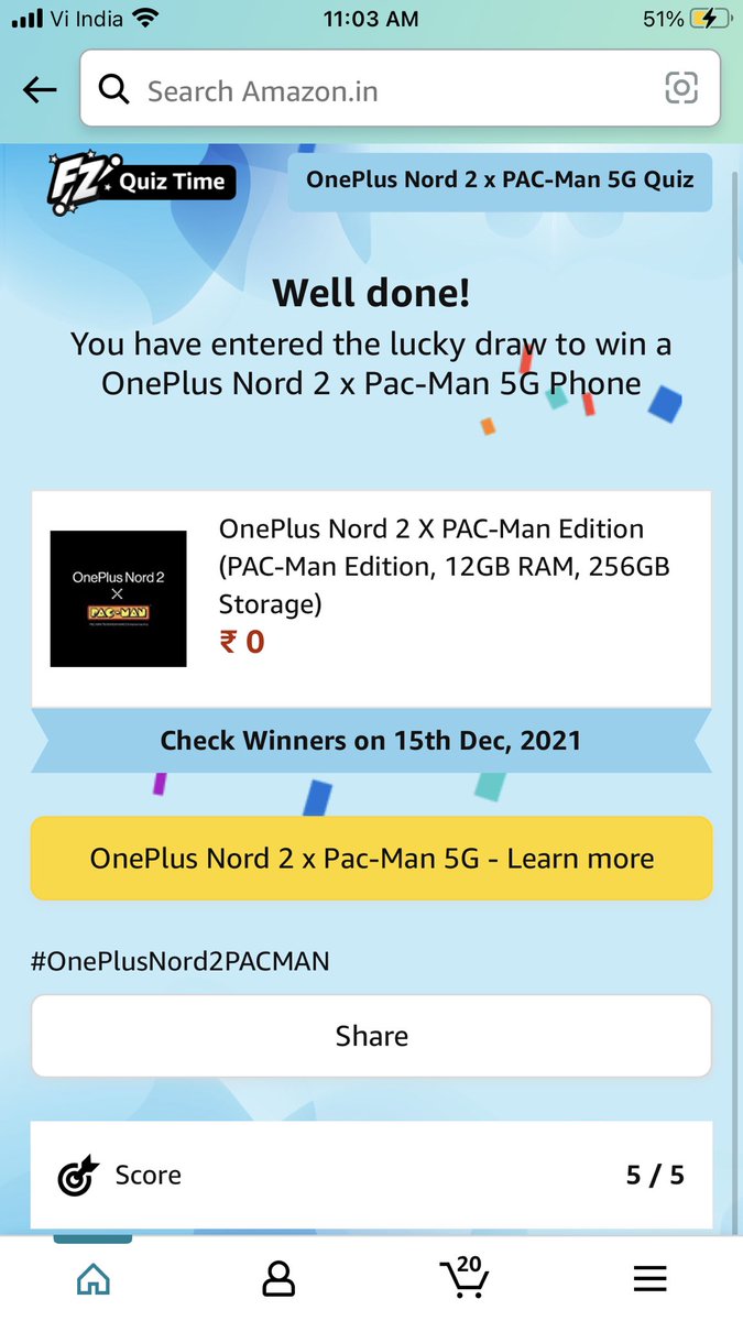 nidhi8519's tweet photo. In it to win it! Score 5/5!! ⁦@amazonIN⁩ ⁦@OnePlus_IN⁩ #AmazonMobileInsider #OnePlusNord2PACMAN https://t.co/ab4lIeCvHj