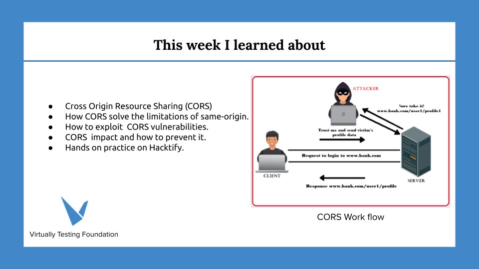 belfaik_y's tweet photo. Thanks to @VTfoundation, being a penetration testing intern has been a great chance to learn. This week, I learned about Cross-origin resource sharing (CORS).
#VTFOct21 #VTfoundation #internships https://t.co/plAS7M9i55