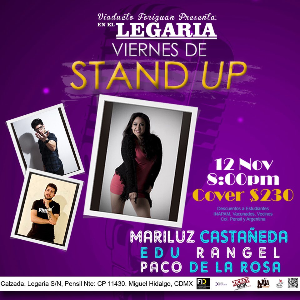 ⭐️Continúan los viernes de Stand
Up al Teatro Legaria⭐️

Este viernes 12 de noviembre estará
⭐️#MariluzCastañeda #EduRangel #PacodelaRosa
⭐️

🎭 🎭

Adquiere tus boletos en
teatrolegaria.com

<a href="/el_erikol/">Sr. de las Carnes</a> <a href="/teatrolegaria/">TeatroLegaria</a> #standupcomedy
#standupenellegaria #viernesenlanoche