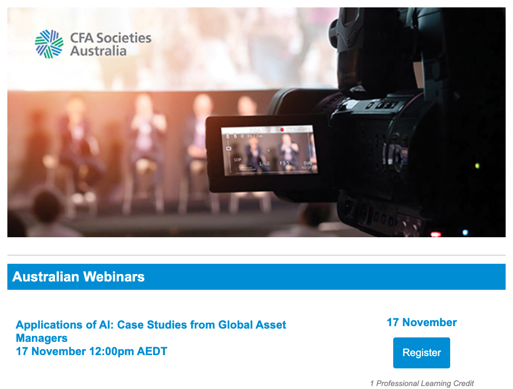 Excellent webinar on 17 Nov. 2021: 
Prof. Bryan Kelly (Yale, AQR) will present at @CFASocietiesAus webinar on using AI to manage portfolio risks.
linkedin.com/feed/update/ur…