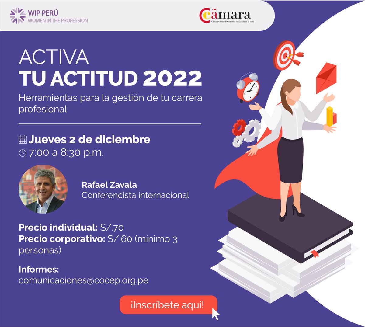 WipPeru's tweet photo. ¡Activa tu actitud 2022! 
Las invitamos a participar del taller que dictará Rafael Zavala, quien compartirá las claves para liderarse y activar una actitud que sirva para sobresalir en medio de tiempos desafiantes
Inscripciones: comunicaciones@cocep.org.pe https://t.co/XWncNeznbb