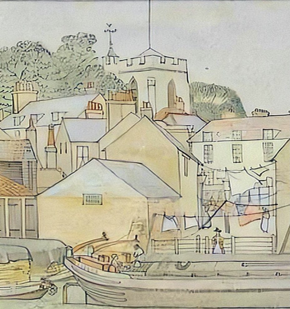 Watercolour by Muriel E. T. Asprey entitled 'Barges going through the Lock, #Brentford', 1973. #BrentfordinArt
