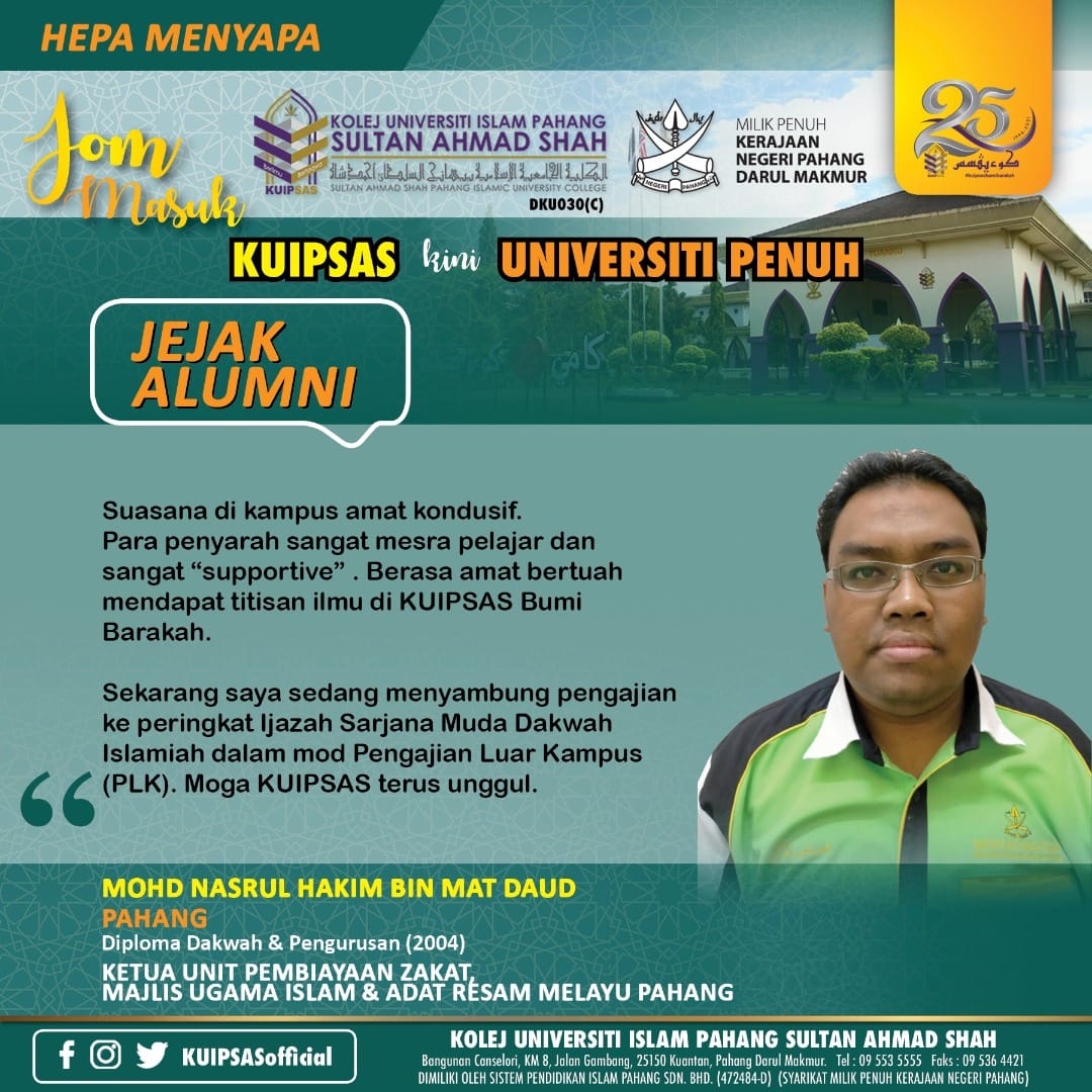 UNIPSASofficial's tweet photo. JEJAK ALUMNI
"Suasana di kampus amat kondusif. Para pensyarah sangat mesra pelajar dan sangat 'supportive'."
MOHD NASRUL HAKIM BIN MAT DAUD
Diploma Dakwah dan Pengurusan (2004)
#jejakalumni #hepamenyapa #kemenjadiankuipsas #kuipsas #kuipsasbumibarakah https://t.co/MgqmAWrfAd