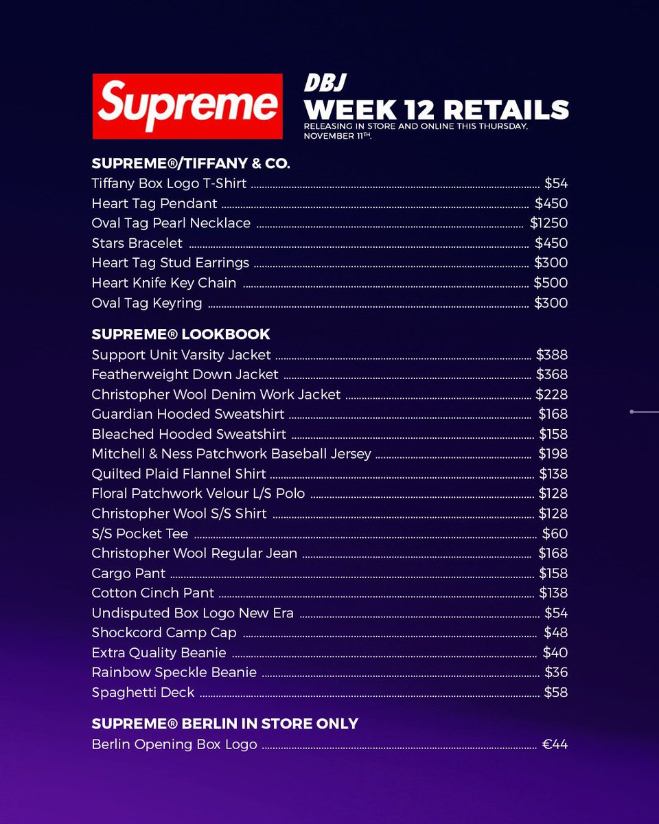 snkr_twitr's tweet photo. Dropping tomorrow at 8am PT/11am ET: Supreme Week 12

https://t.co/eCfSDb2RzO

📷 + info via @DropsByJay 

#AD https://t.co/JrJR8lCyJS
