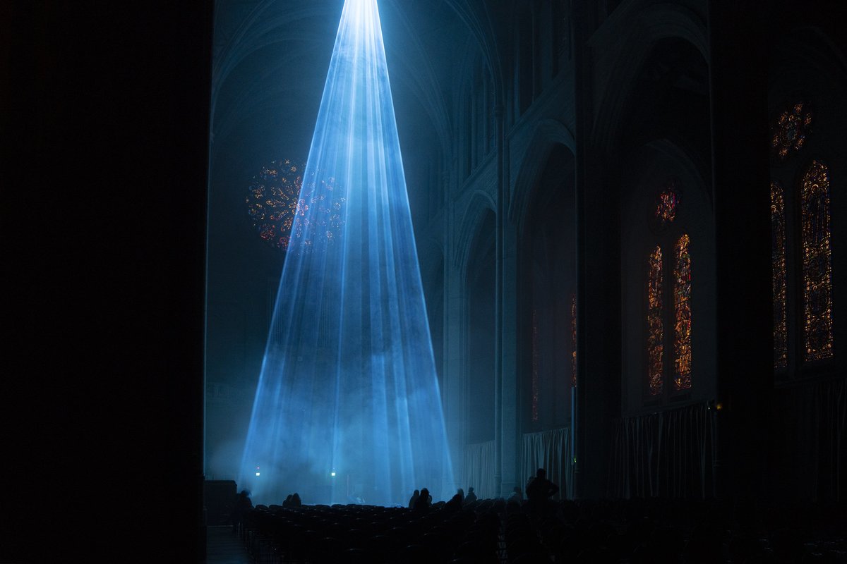 zander's tweet photo. Just got a chance to see #GraceLight at @gracecathedral by George Zisiadis and the amazing people @IlluminatedArts. A stunning piece. https://t.co/EcJ44Ni3UX. Pro-tip - bring a blanket to lay on. (Photo by @chrismichel) https://t.co/kalzKmdQel