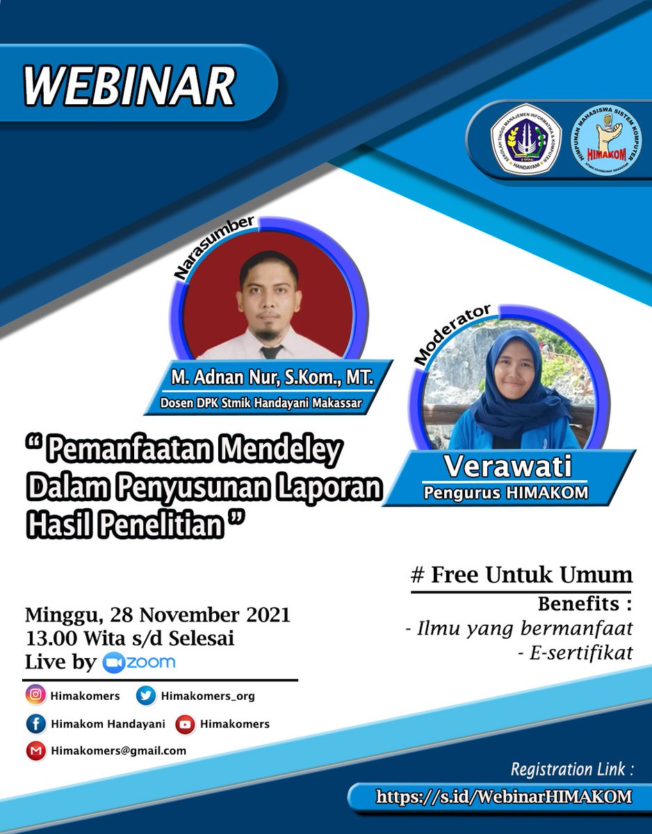 himakomers_org's tweet photo. Webinar HIMAKOM
Tema : Pemanfaatan Mandeley Dalam Penyusunan Laporan Hasil Penelitian
.
Link Pendaftaran👇
https://t.co/Mplnf5rDFM
.
.
.
#himakom #himakomers #webinar https://t.co/YuaKfTnT4P