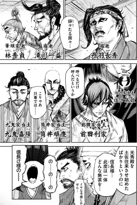 #なんじゃが ちょい話🔥

織田家家臣団の御目見。藤本先生によるデザインが際立つその中でも佐々成政にはツボってしまいました(でかくて顔が見切れる)ww
覇王光秀編で敵だった秀吉勝家も冨樫虎丸ばりに解説役。(誰しもが男塾を知っていると思うなよ) 