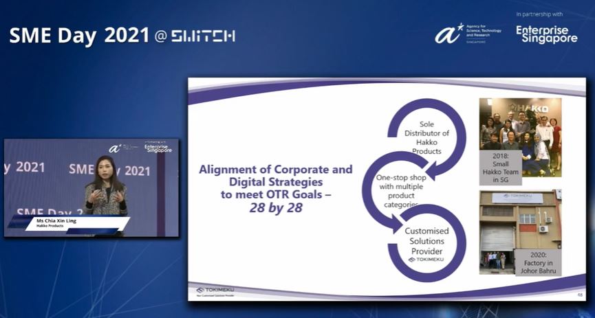 ASTARsg's tweet photo. Ms Chia shares how A*STAR helped local #SME Hakko with their OTR strategy to achieve their goal to increase productivity and revenue by x7. #SWITCH2021 https://t.co/al8lePpPst