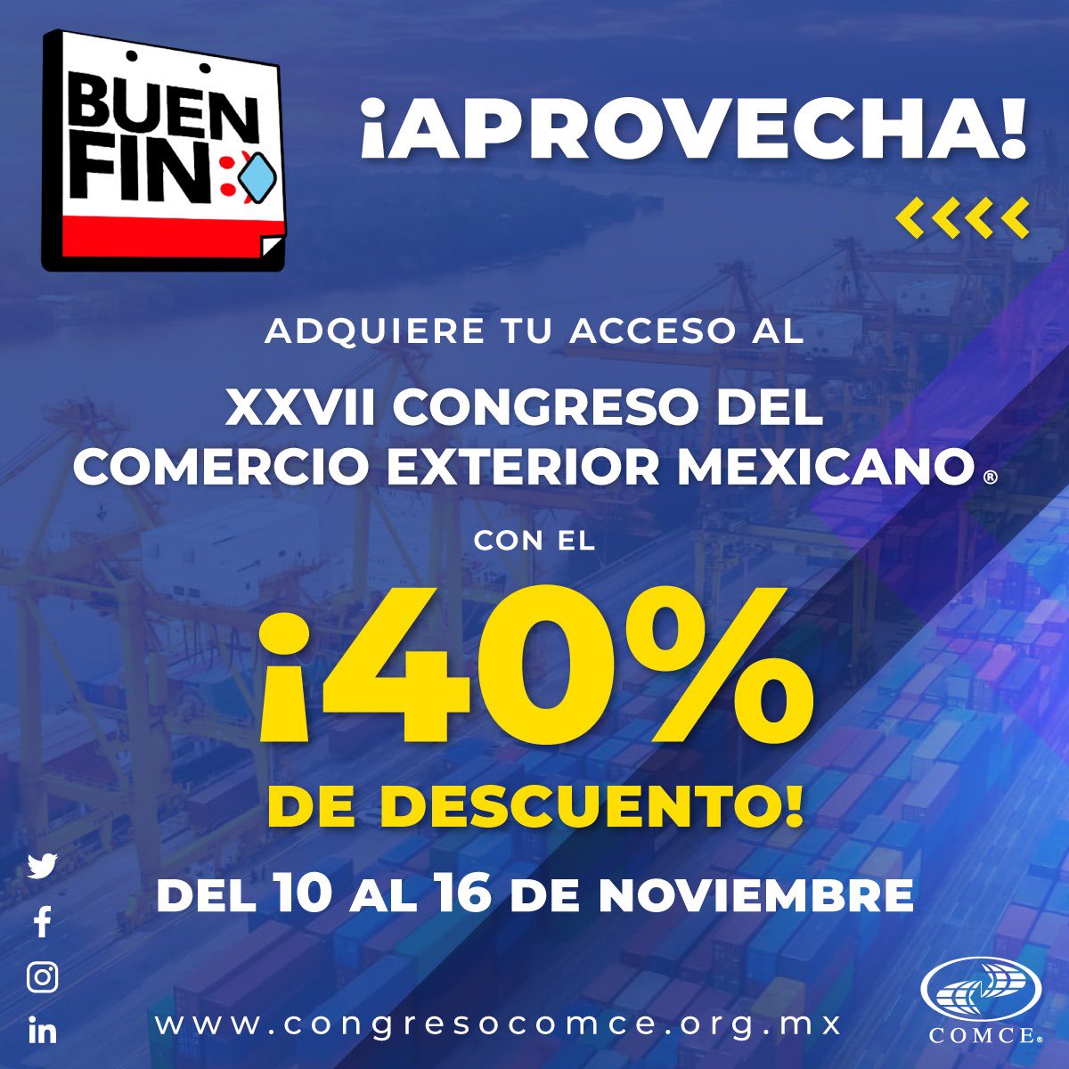 comcesonora's tweet photo. No te pierdas el XXVII CONGRESO DEL COMERCIO EXTERIOR MEXICANO @ComceOficial 

Adquiere tu acceso con el ¡40% de descuento! del 10 al 16 de Noviembre.
➡️https://t.co/YEj5n86eHD https://t.co/s4vb4lqv2e