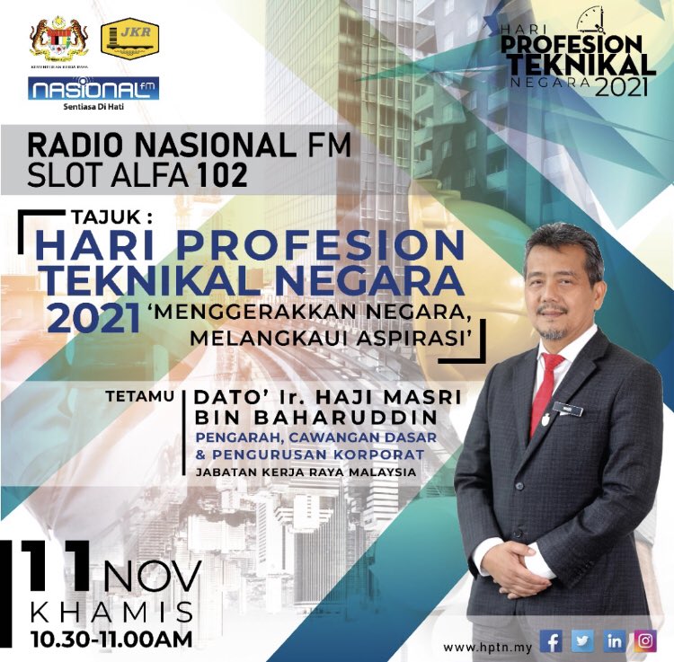 BPPPCDPK's tweet photo. Pengarah, Cawangan Dasar &amp; Pengurusan Korporat Jabatan Kerja Raya, YBhg. Dato’ Ir. Haji Masri Bin Baharuddin akan bersiaran langsung sebentar lagi dalam temubual bersama RADIO NASIONAL FM SLOT ALFA 102 pada frekuensi FM 88.5 MHz @ 95.3 FM.

Sebarkan kepada semua! https://t.co/WKjgt3z3yv