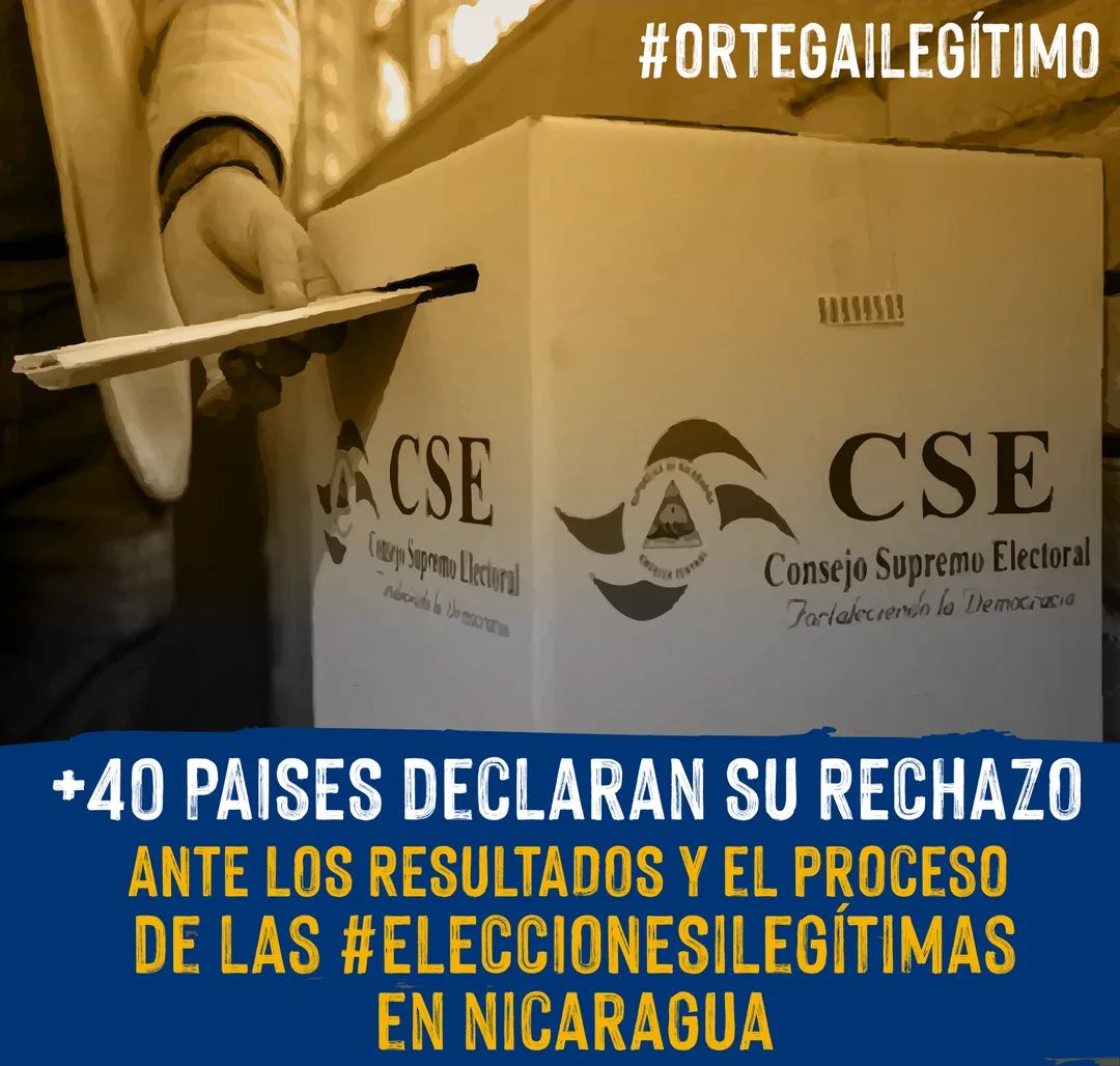 MovimientoMAD's tweet photo. +40 países del mundo declaran ilegítimo el proceso electoral de #Nicaragua.
El pueblo nicaragüense y el mundo declaran a #OrtegaIlegítimo
#EleccionesIlegítimas
#SomosMAD
@traficoni @CorteIDH @soyfdelrincon @camilocnn @PauloAbrao @totonia68 @Laura_Ch @BiancaJagger @UnidadNic https://t.co/665DC9w3ly