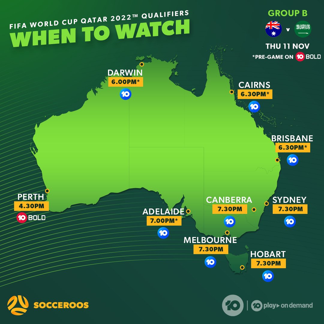 10FootballAU's tweet photo. Here's all the info you'll need to know to support the @Socceroos across Australia 🇦🇺 

Socceroos v Saudi Arabia - FIFA World Cup Qualifier | LIVE and free tonight on 10 and simulcast on 10 play https://t.co/u7c1daxvnx