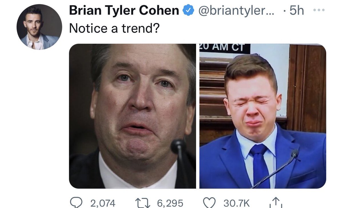 NomadicRedhead's tweet photo. Seriously fuck both these guys. There’s nothing more scary than a triggered white guy that thinks he might lose it all. One serves on the Supreme Court and one is a terrorist. Go home and cry with your assault rifle you ass. #KyleRittenhouseTrial #FuckKavanaugh #ToxicMasculinity https://t.co/0TnErqj8in