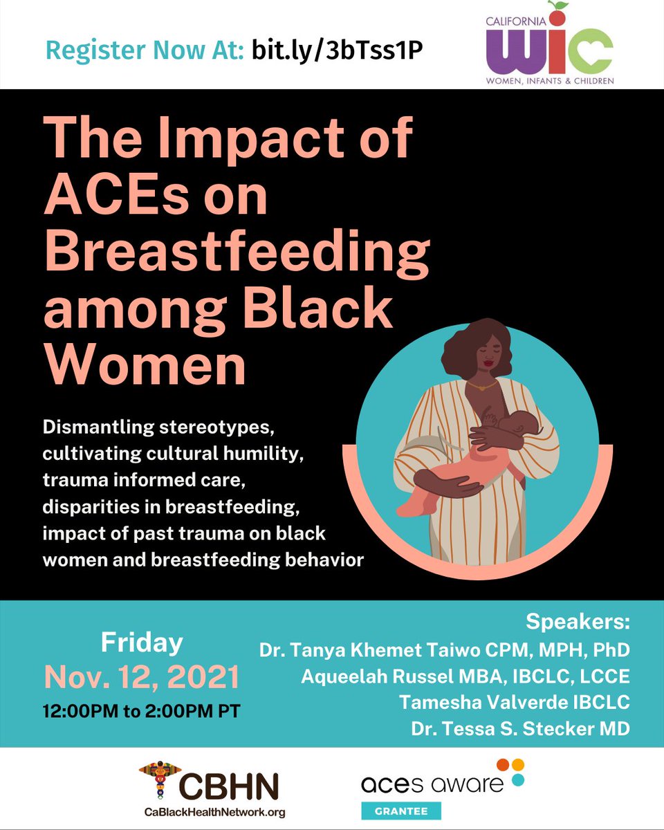 yourcbhn's tweet photo. This Friday, @calwic is hosting a free webinar in partnership with @yourcbhn and @ACEsAware. Join us at "The Impact of #ACES on #Breastfeeding among Black Women"! 

Register here: https://t.co/FKOAWIUb66

#ACEsAwareness #BlackMothers #Doula #Midwifery #BreastfeedingAwareness https://t.co/UUgPOybc4j