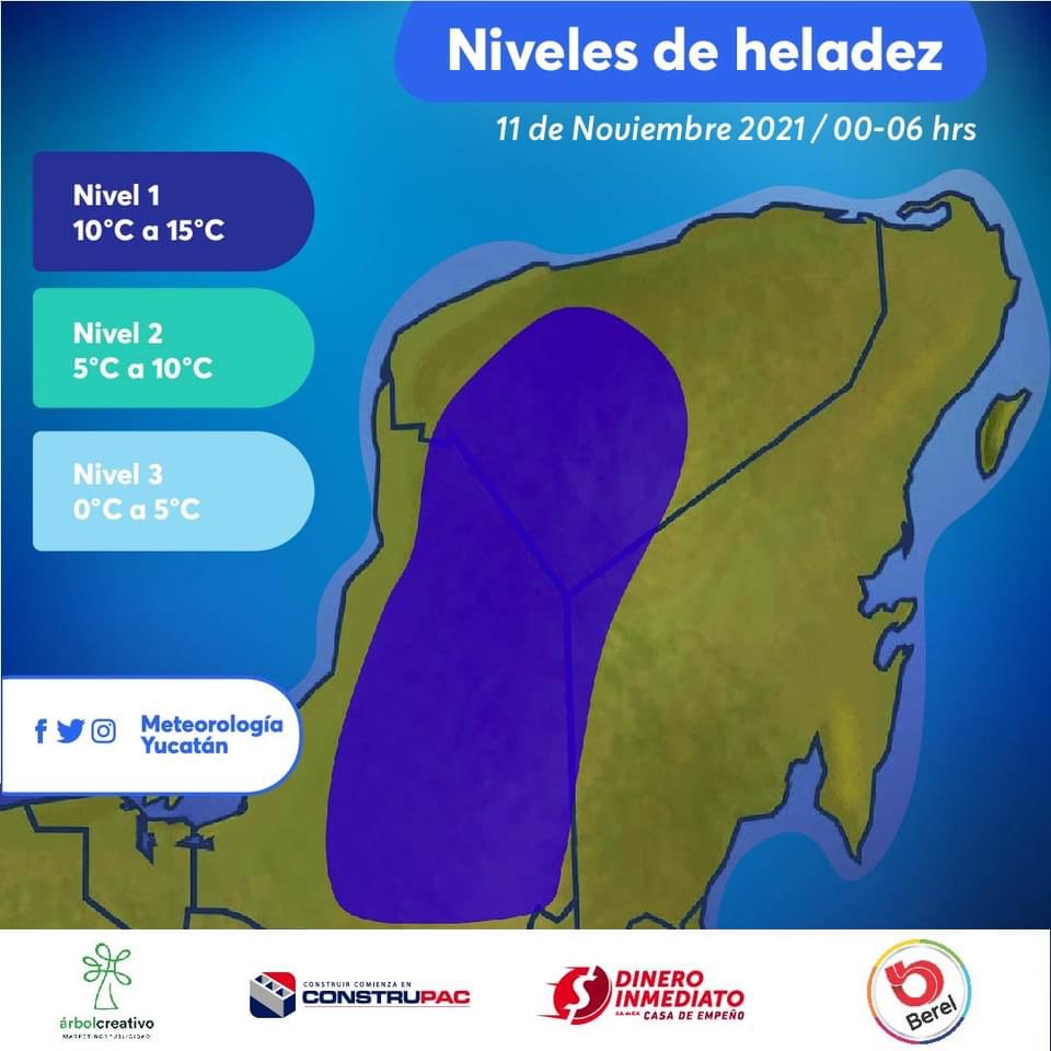 ClimaYucatan's tweet photo. AVISO DE HELADEZ ❄️☔ 

Para esta noche y amanecer de este jueves se presentará el nivel 1 de #heladez en las ciudades indicadas del gráfico, así como localidades aledañas. 

¡Abríguense bien! 🧤🧣 

Más detalles en estos gráficos: https://t.co/UFdEGT1E6r