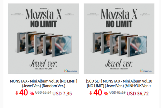 Ktown4u_IDN's tweet photo. 🇮🇩Ktown4u Indonesia X @monstaxtradeina 🌠

MONSTA X - Mini Album Vol.10 [NO LIMIT] (Jewel Ver.) 

✅Random Ver.
✅Set Ver.

https://t.co/43uvdTgQLT https://t.co/RFdKtWZmeH