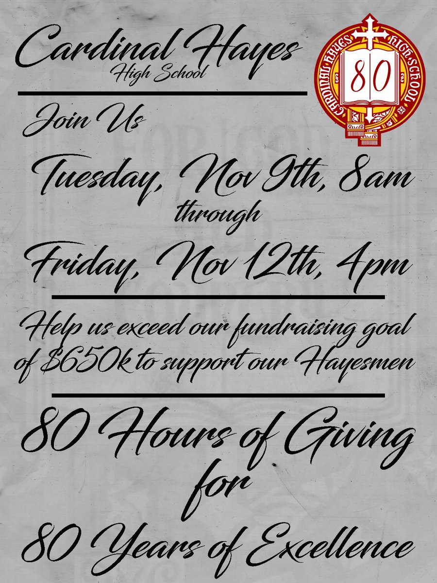 CardinalHayes's tweet photo. 2021 Fall Appeal:80 Hours of Giving for 80 Years of Excellence update, thanks to our amazing donors we have already raised over $370,000!! Unbelievable!! Lets keep it going through November 12. Donate here: https://t.co/urh2J5rgC1 #80YearsOfExcellence #UpHayes #CardinalHayes https://t.co/gDY168vWbI