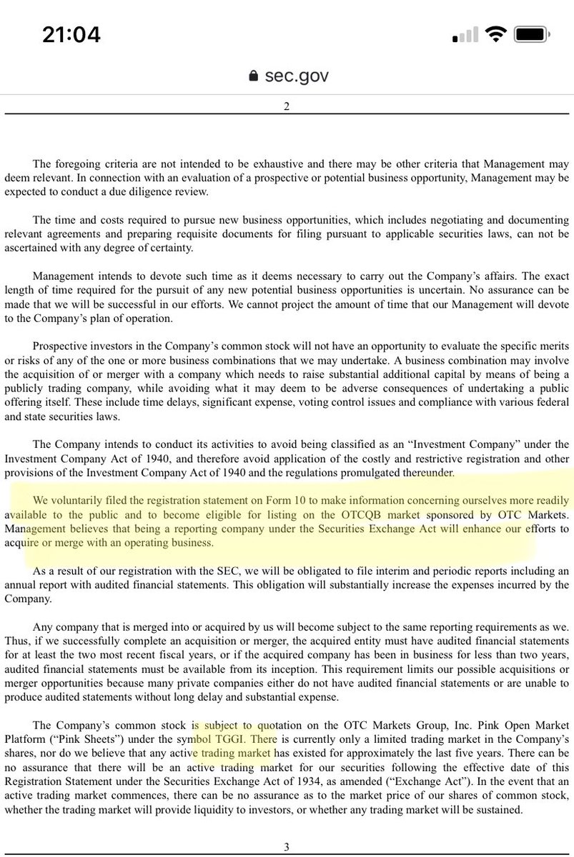 SteveKen3814's tweet photo. $TGGI look at this paragraph from the recent Form 10. 

Currently a shell company....

OTCQB requirements do not allow shell companies to list.

Hate to be one of the panic sellers today.
5 days left for the 10-Q deadline https://t.co/lYgSFDPfXR