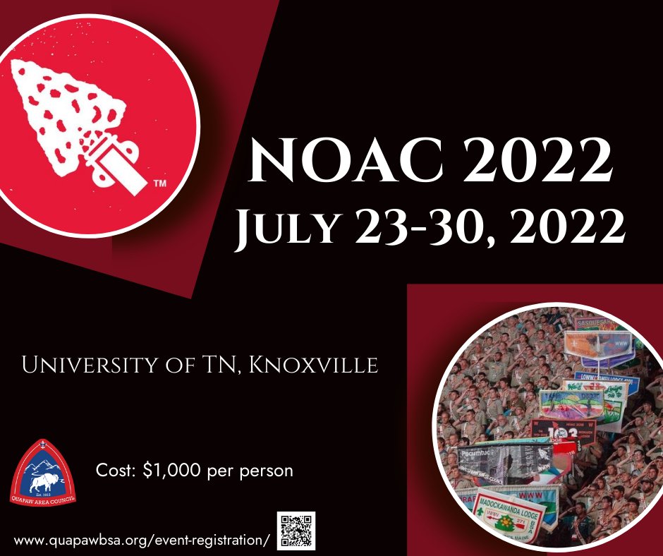 QuapawLodge's tweet photo. The time has come to make plans to attend the National Order of the Arrow Conference in Knoxville TN!  It's a great experience and only requires a $100 deposit to hold your spot. Space is limited!
https://t.co/RbikFroZsD https://t.co/4c7TZqLG6o