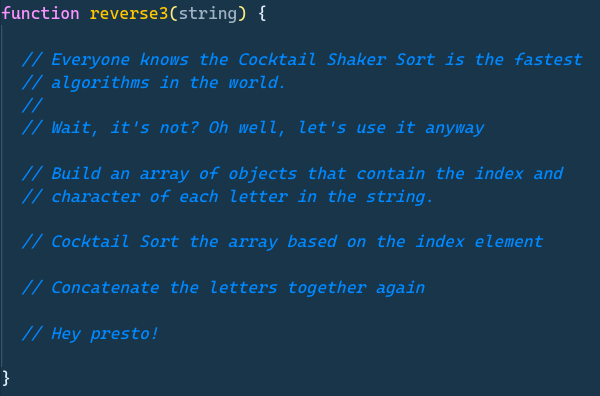 bendechrai's tweet photo. I dreamed up another #WrongAnswersOnly solution to the @Auth0 #zerochallenge to implement strReverse().
It's so darned obvious, I don't know why I didn't think of this earlier!! 🤣
See it in action here: https://t.co/BNK9hfzY5a https://t.co/BGiIvV3pGy