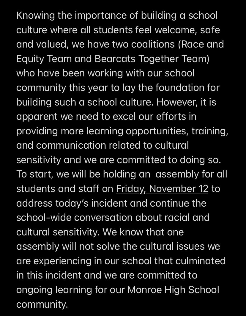 seahawks12girl's tweet photo. The following email was sent to #MonroeHighSchool families at 5:48 pm tonight. After the photo incident one town over in Duvall last week, plus Snohomish in 2020, and now this, it’s clear we still have a HUGE local problem. 😔 https://t.co/uzx8ULsDwk