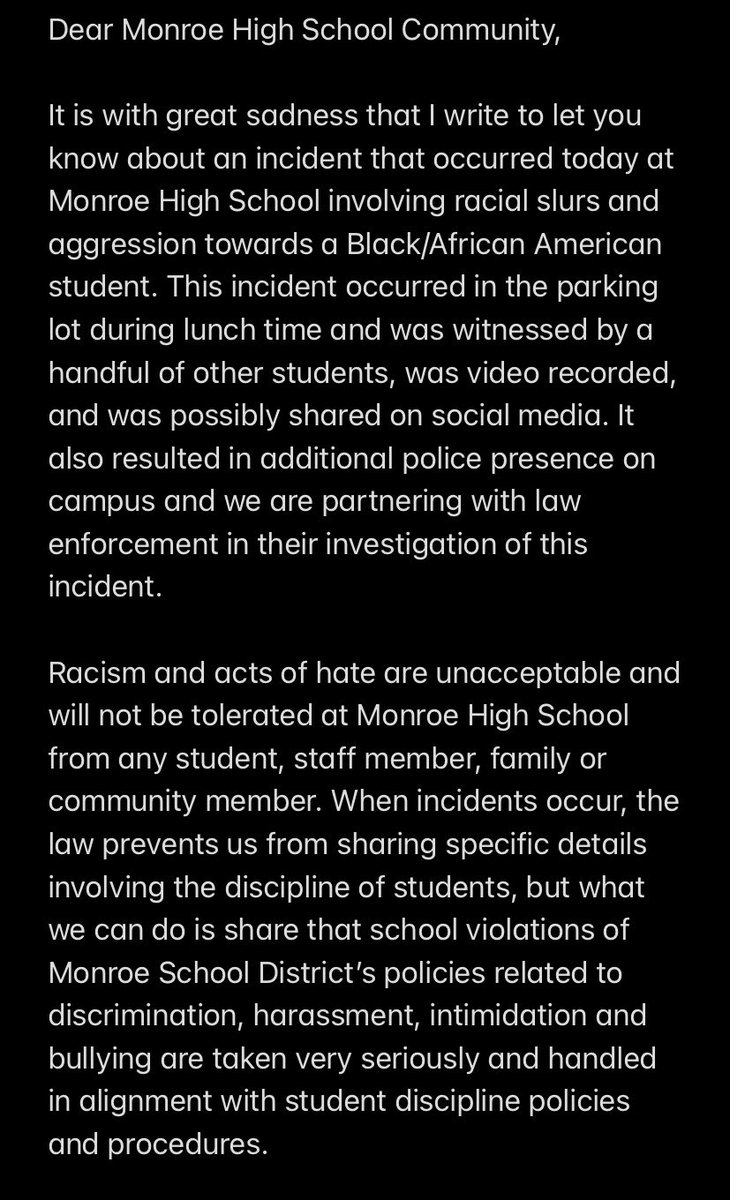 seahawks12girl's tweet photo. The following email was sent to #MonroeHighSchool families at 5:48 pm tonight. After the photo incident one town over in Duvall last week, plus Snohomish in 2020, and now this, it’s clear we still have a HUGE local problem. 😔 https://t.co/uzx8ULsDwk