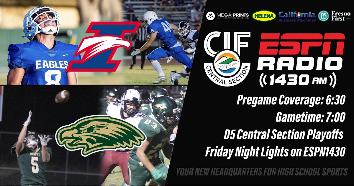 Friday Night Lights: Playoff Edition 🔥 
We got a REMATCH!

#1 Immanuel 🔵🔴
vs 
#8 Liberty Madera 🟢🟡

📍: Reedley, CA
🏟: County Line Stadium 
📻: 1430 am
📱: ESPN 1430 App
🎙: <a href="/paulmeadors/">Paul Meadors</a> &amp; @TheLordGonzo with special guests throughout the Broadcast! 

bit.ly/3C5bcRO
