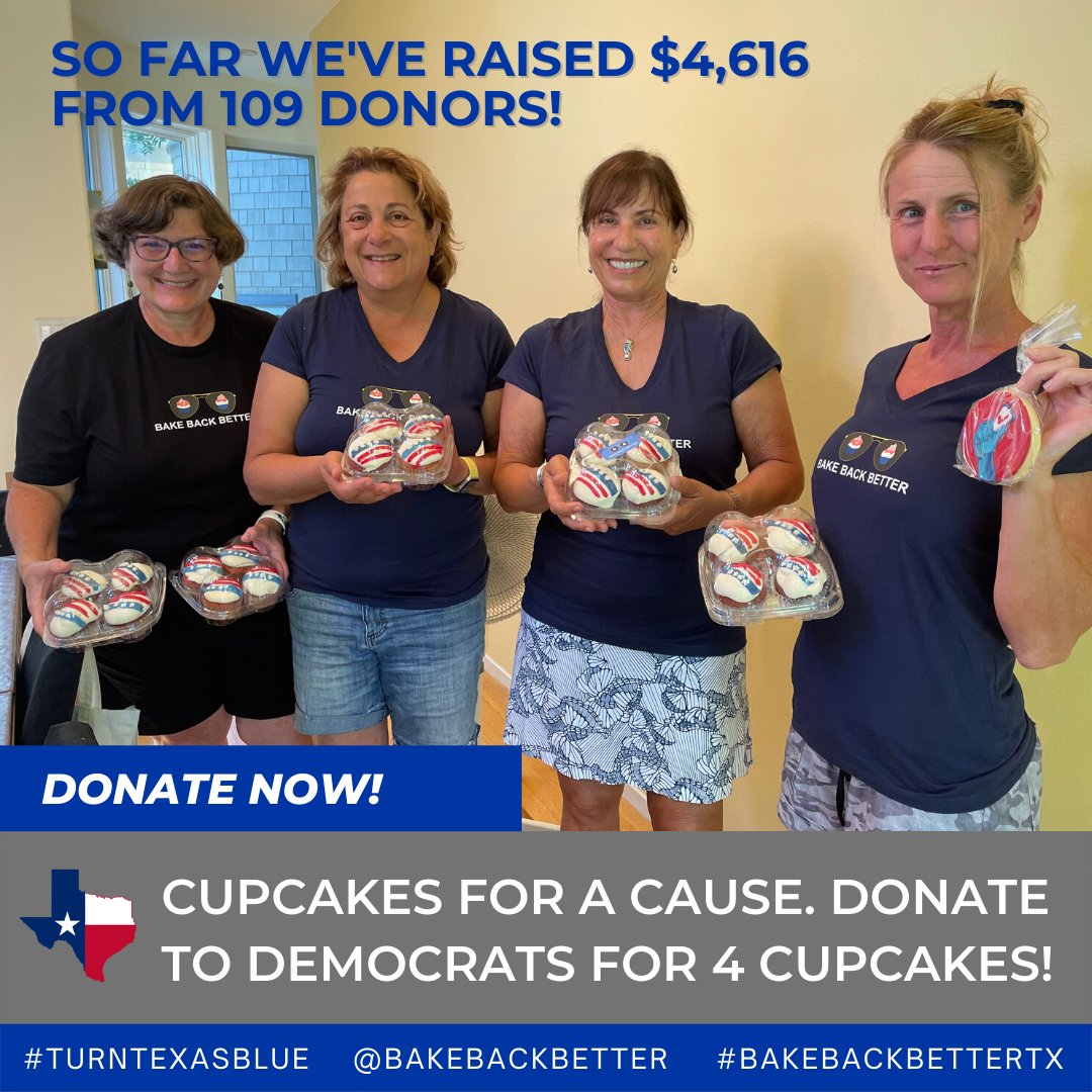BakeTexasBlue's tweet photo. Only a few hours left for this campaign supporting Dallas County Democrats. @dallasdemocrats
DONATE and you'll get 4 cupcakes! Honest!
#BakeBackBetterTX
#DallasCountyDemocrats
#DonateForCupcakes
#VoteDemocratic
#TurnTexasBlue
#TXDeservesBetter
π in our bio to donate
π§π§π§π§ https://t.co/jWWQDf9rz1
