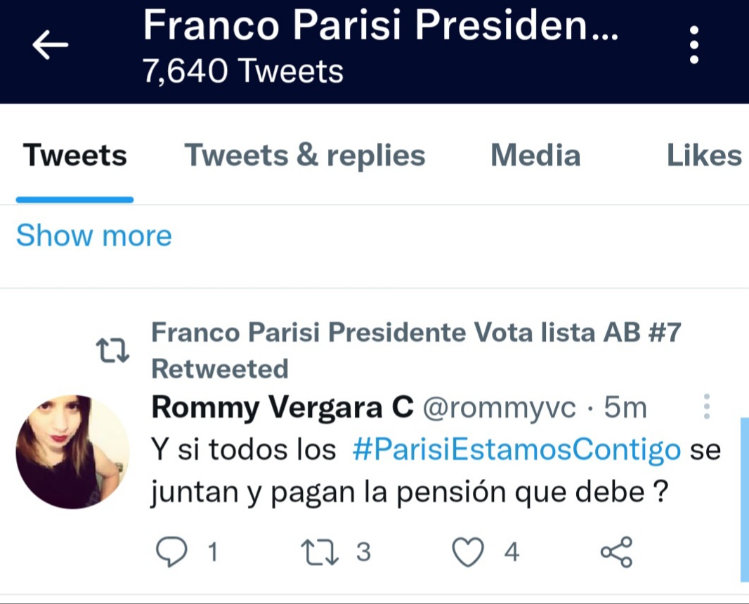 Esto es lo que acaba de retuitear Parisi. Quiere que sus adherentes le paguen lo que debe de pensión alimenticia. Literalmente.