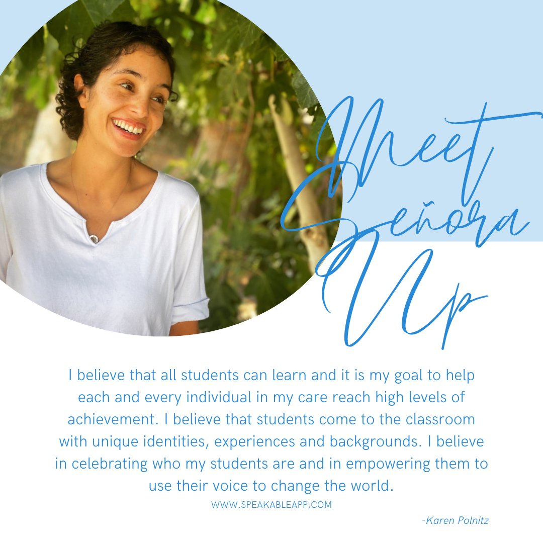 KSpeakableapp's tweet photo. Karen’s a purpose-driven Spanish Teacher in California.
This year she’s teaching Spanish 1, 2, and a Women’s Alliance class.

Do you want to learn more with Señora Up?
https://t.co/YNMsTTG0Sd
Don't forget to retweet and heart this post if you have the same goal as Señora Up! https://t.co/zpo5xAWc29