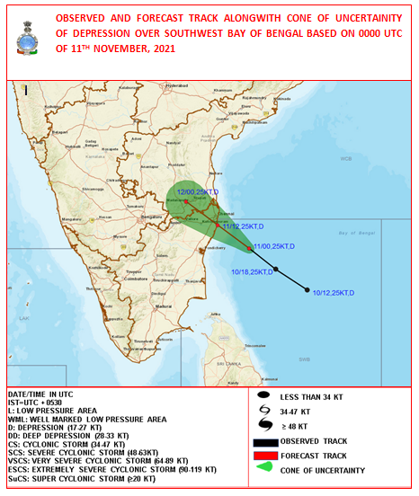 Indiametdept's tweet photo. Depression over southwest Bay of Bengal about 170 km east-southeast of Chennai and 170 km east of Puducherry. Continue to move west-northwestwards and cross north Tamil Nadu &amp; adjoining south Andhra Pradesh coasts around Chennai by the evening of 11th November 2021. https://t.co/9fqM88YxdN