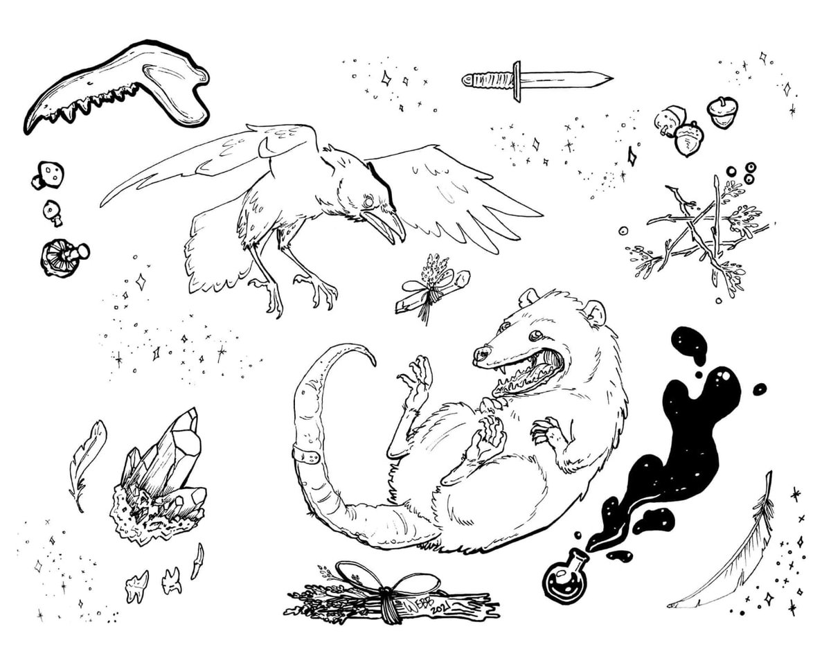 HarrisonWebbArt's tweet photo. Familiars and potions and herbs oh my!
#spookyartwork #opossumcore #corvidcore #witchyvibes #inkartwork #psychopomp #weirdartist https://t.co/oYr6T0ySNM