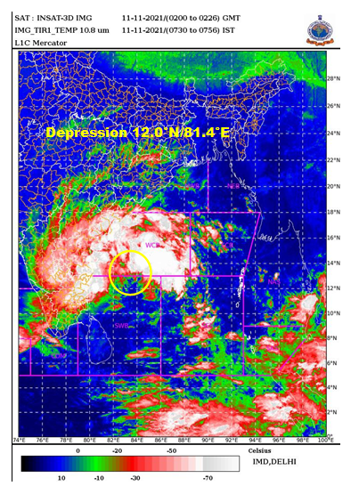 Indiametdept's tweet photo. Depression over southwest Bay of Bengal about 170 km east-southeast of Chennai and 170 km east of Puducherry. Continue to move west-northwestwards and cross north Tamil Nadu &amp; adjoining south Andhra Pradesh coasts around Chennai by the evening of 11th November 2021. https://t.co/9fqM88YxdN