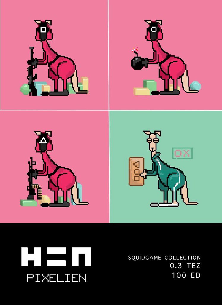 crazy_pixelien's tweet photo. New drop! Squid game collection
.
Drop on @hicetnunc2000 @idnft_ @onhicetnunc @metarupa_nft 
—> https://t.co/Te2TBg78DG
.
#NFTs #nftcollector #NFTCommunity #nftart #OBJKT #hicetnunc #NFTTHAILAND #tezos #WAGMI #hicetnunc2000 https://t.co/CYVmJR667S