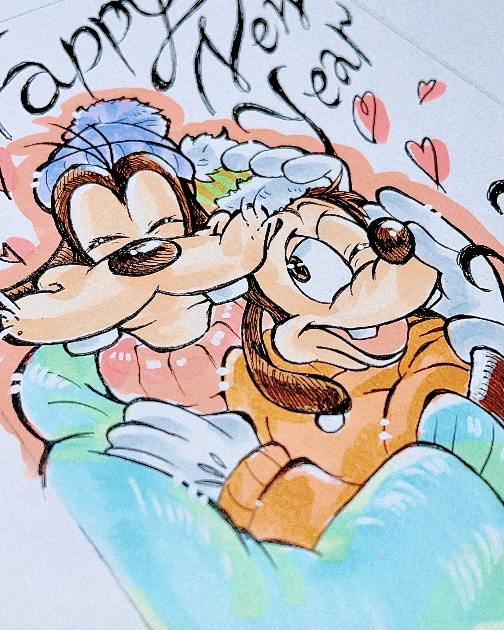 ぼうし さき うたうデザイナー 年賀状イラスト その２ いっつも年賀状を手描きで描いてくれるともだちからのリクエストで グーフィーとマックス いい感じ 年賀状 ディズニー Disney イラスト アナログイラスト コピック グーフィー