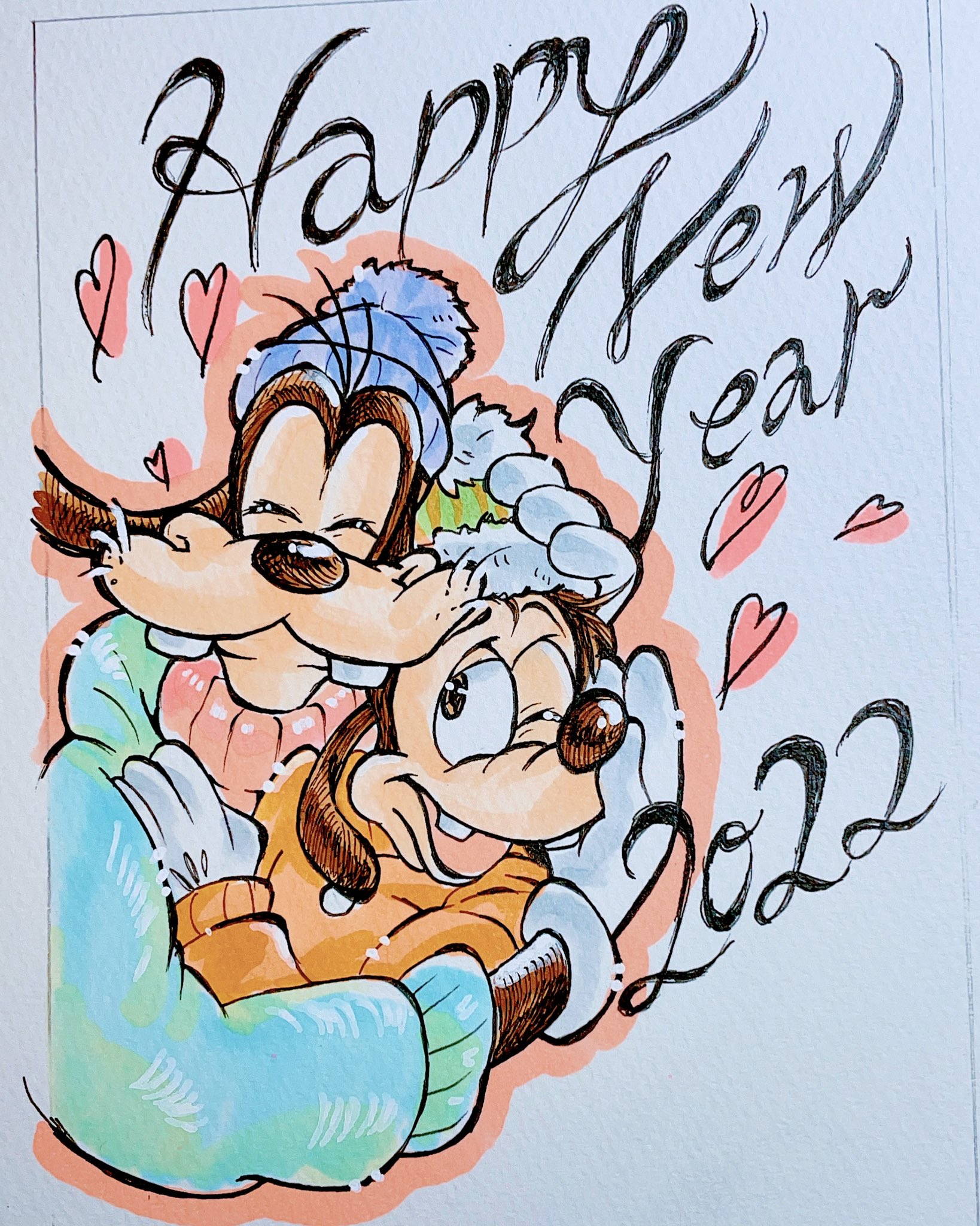 ぼうし さき うたうデザイナー 年賀状イラスト その２ いっつも年賀状を手描きで描いてくれるともだちからのリクエストで グーフィーとマックス いい感じ 年賀状 ディズニー Disney イラスト アナログイラスト コピック グーフィー