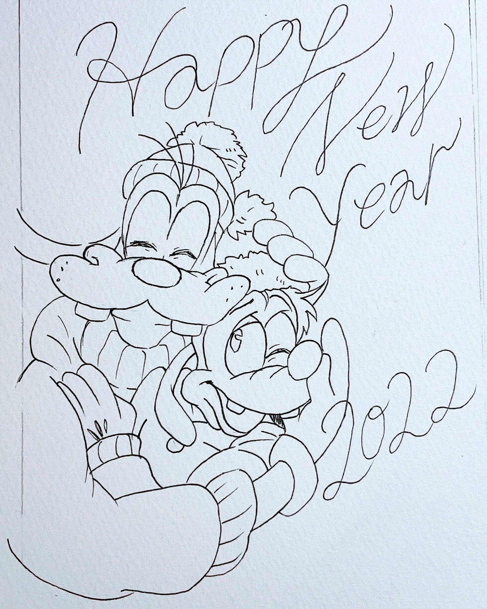 ぼうし さき うたうデザイナー 年賀状イラスト その２ いっつも年賀状を手描きで描いてくれるともだちからのリクエストで グーフィーとマックス いい感じ 年賀状 ディズニー Disney イラスト アナログイラスト コピック グーフィー