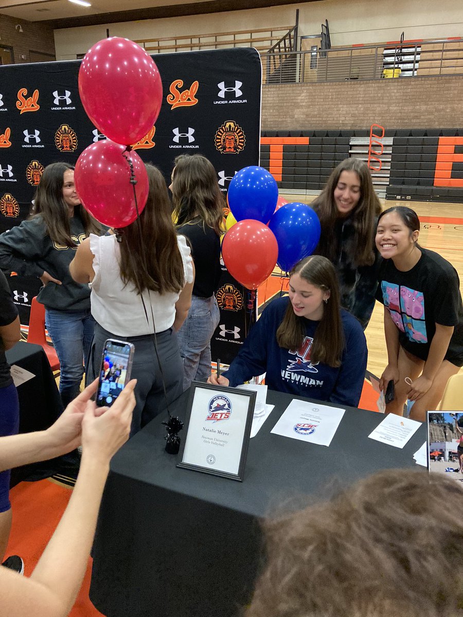 AthleticsAztec's tweet image. Natalie Meyer is on her way to play volleyball for the Jets at Newman University! Here she is signing her National Letter of Intent in the company of teammates and her proud coach, Mr. Ben Maxfield. #BleedOrange #alwaysanaztec