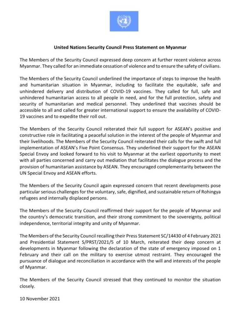 #UN Security Council met to discuss #Myanmar crisis, again urging a stop to violence &amp; #humanitarian access. UNSC also hopes #UN special envoy &amp; #ASEAN can complement each other's efforts. "Deep concern" was mentioned a number of times in the statement #WhatsHappeningInMyanmar