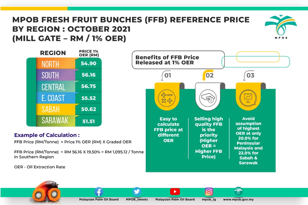 mpob_tweets's tweet photo. 🔊MPOB fresh fruit bunches (FFB) reference price by region for October 2021

#MPOB https://t.co/7LwdJQIAQs
