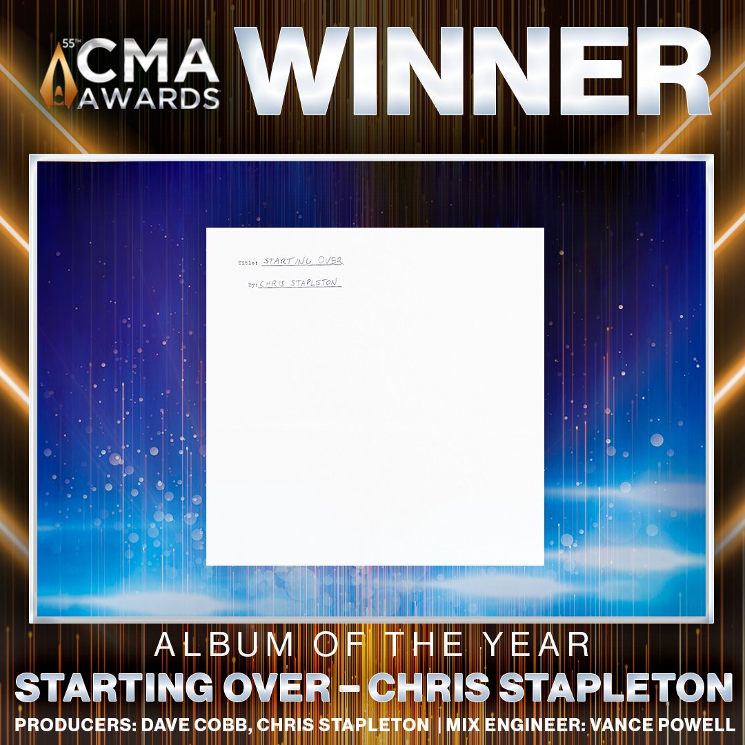 CountryMusic's tweet photo. A round of applause for #CMAawards Album of the Year winner @ChrisStapleton  for his masterpiece album 'Starting Over'!👏👏👏 Congratulations! https://t.co/aGLrfxun5C