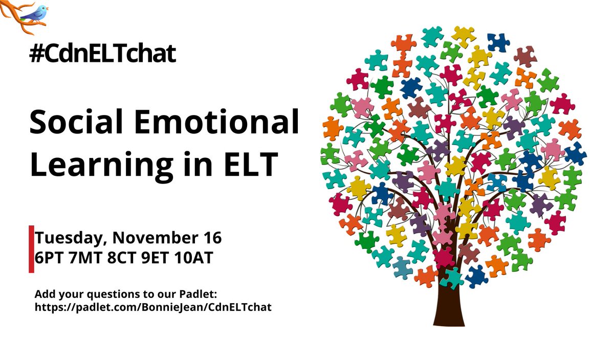 Please join #CdnELTchat on Nov 16 @ 6 PT 7MT 8CT 9ET 10AT to discuss #SocialEmotionalLearning and #ELT. Add your questions to @Padlet: padlet.com/BonnieJean/Cdn…. 

@BonnieJNicholas <a href="/vnino23/">Vanessa Nino</a> @ELTAugusta <a href="/StanzaSL/">Svetlana Lupasco</a>

<a href="/bcteal/">BC TEAL</a> @TESLOntario @ATESLnews <a href="/teal_mb/">TEAL Manitoba</a> <a href="/TESLSASK/">TESL SASK</a> <a href="/TESL_NB/">TESL New Brunswick</a> #TESLNS